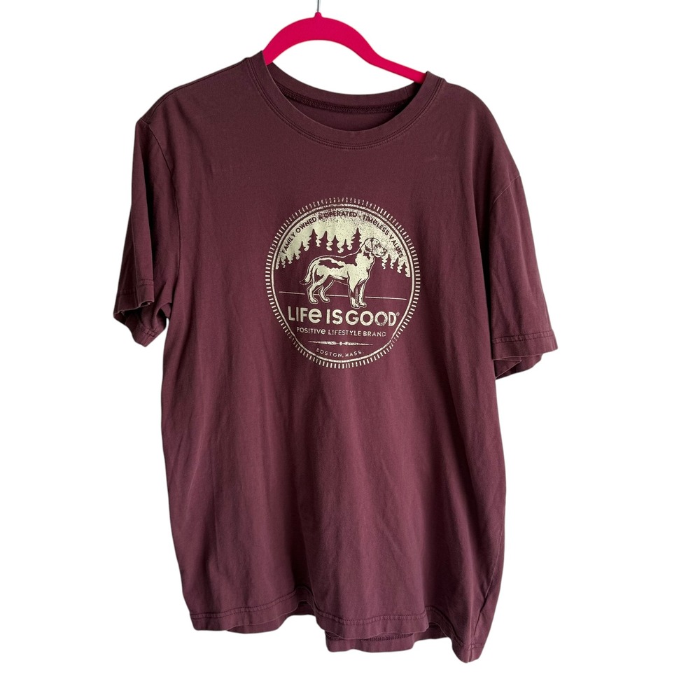 LIFE IS GOOD Burgundy Dog‎ Logo Mens Casual Tee, L